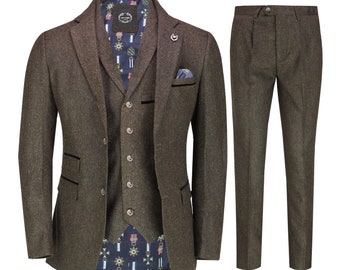 Mens Blue Brown Tweed 3 Piece Suit Retro 1920s Smart Tailored Fit