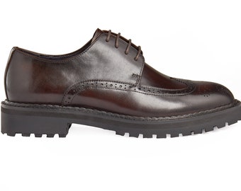Zapatos Derby semi brogue de cuero pulido para hombre Suela de goma estilo comando retro gruesa hecha a mano