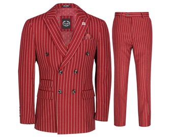 Mens 3 Piece Double Breasted Suit Vintage Chalk Stripe Smart Classic Pinstipes Tailored Fit