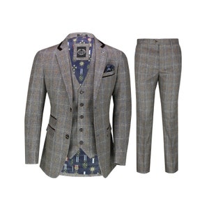 Men’s 3 Piece Tweed Suit Gatsby Retro Prince of Wales Check Smart Tailored Fit Jacket Trouser Waistcoat