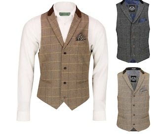 Mens Tweed Check Collar Waistcoat Retro Gatsby 1920s Herringbone Smart Tailored Fit Vest