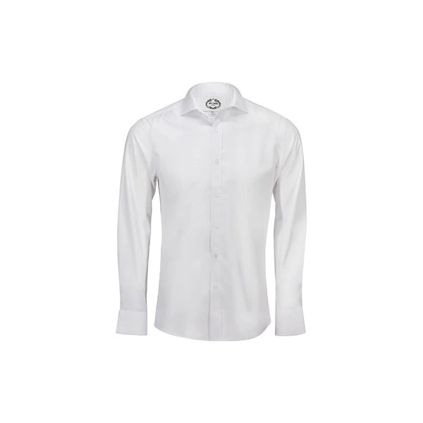 Mens Formal White Dress Shirt Leicht bügeln Baumwolle Cutaway Kragen Messing Steifen Tailored Fit