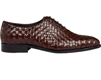 Men’s Hand Crafted Woven Calf Leather Oxfords Classic Basket Weave Lace up Shoes