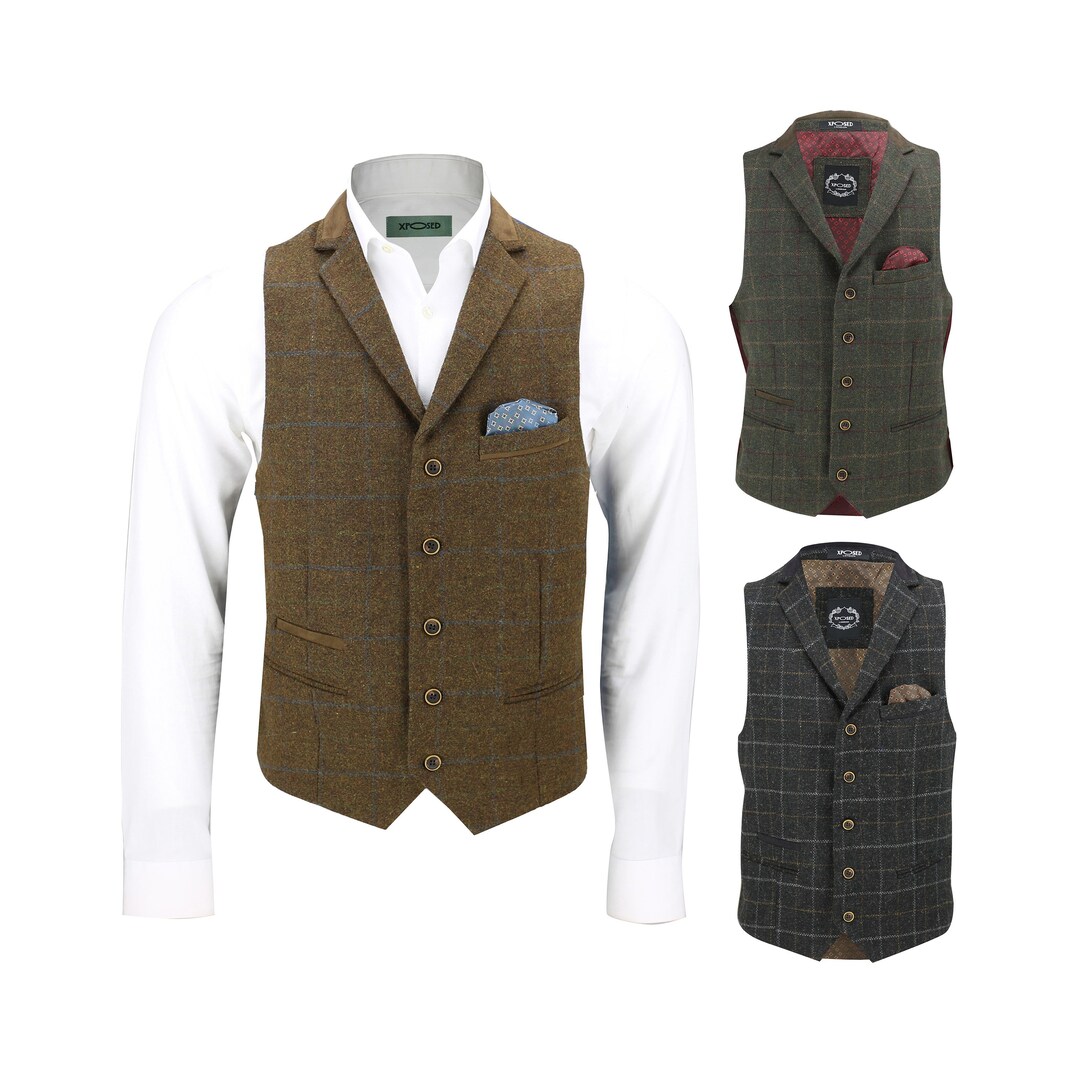 Mens Classic Tweed Waistcoat 1920s Vintage Styled Herringbone Check ...