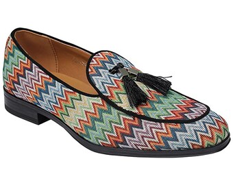 Mens Traditional Colourful Ankara Print Two Tassel Loafers Leather Lined Slip ons