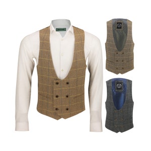 Mens Classic Tweed Check Double Breasted Waistcoat Oak Brown Herringbone Tailored Fit Vest