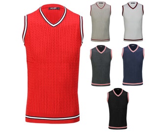 Mens Sleeveless V Neck Jumper Retro Cable Knitted Cricket Golf Sweater Jersey Top Vest