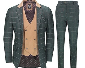 Mens Classic 3 Piece Tweed Suit Herringbone Check Retro Smart Tailored Fit in Olive Green, Brown & Tan Beige
