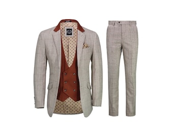 THEO - Mens 3 Piece Tweed Herringbone Red Check on Beige Retro Vintage Suit Tailored Fit