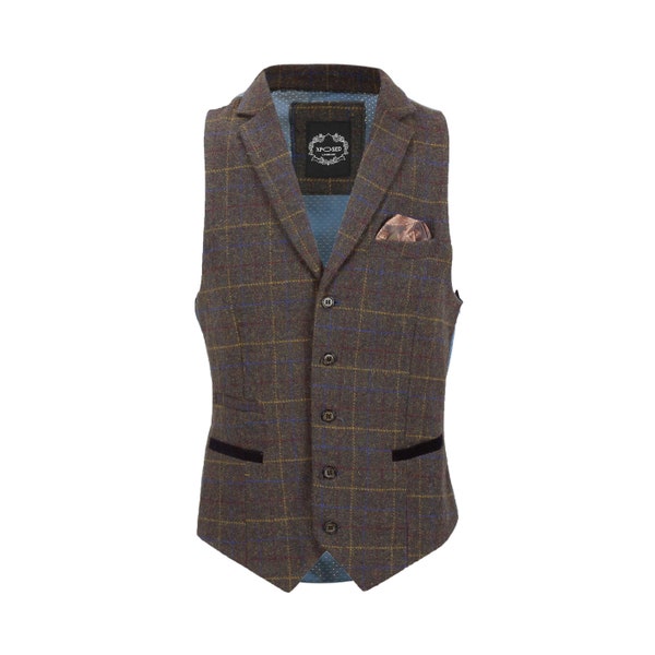 Mens Tweed Waistcoat Lapel Collar Vintage Herringbone Check Tailored Fit Vest