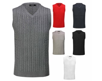 Mens Classic Cable Knitted Sleeveless V Neck Jumper Smart Casual Sweater Jersey Vest Top