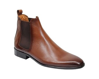 Men’s Chelsea Boots Genuine Polished Calf Leather Formal Shoes with Leather Sole