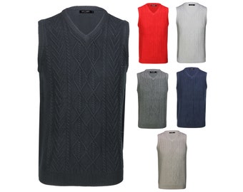 Mens Classic Sleeveless Jumper V Neck Cotton Cable Knitted Smart Casual Pullover Vest