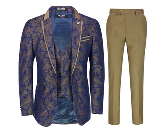 Mens Grooms 3 Piece Wedding Suit Vintage Gold Paisley Print on Navy Smart Classic Tailored Fit