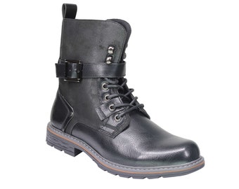 Mens Retro Biker Boots PU Leather 6 Ankle Lace up Side Zip Combat Army Military