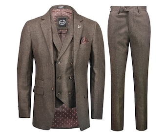Mens Jax Herringbone 3 Piece Suit Retro 1920s Grey Brown Tweed Classic Tailored Fit