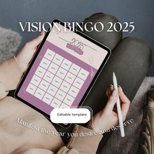 May include: A digital tablet displaying a vision board bingo template for 2025. The template has a purple background with white squares and the text "2025 Vision Board" in black. The text "Editable template" is below the bingo board. The text "Manifest the year you desire and deserve" is below the template.