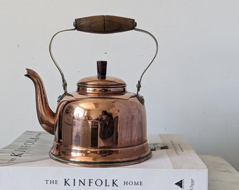 Vintage Small Copper Kettle with Wooden Handle