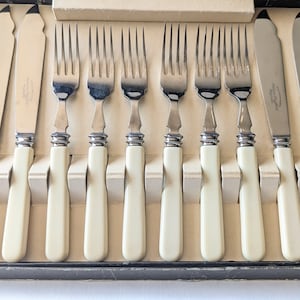 Vintage Sheffield Stainless Steel Cream Cutlery Set, Fish Knife and Fork Box Set