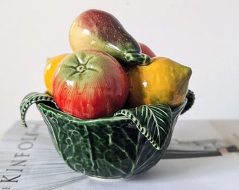 Vintage Majolica Ceramic Cabbage Leaf Fruit Bowl