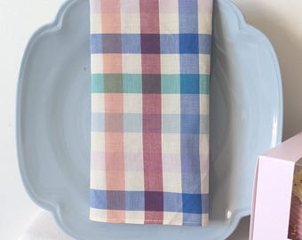 Vintage Blue Check Cloth Napkins, Set for 6