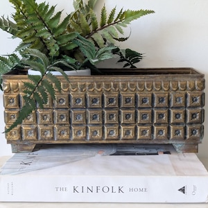 Vintage Mid Century Large Brass Geometric Pattern Planter Pot