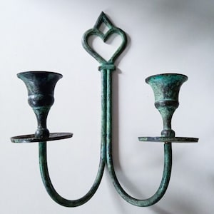 Vintage Three Arm Blue Brass Copper Wall Sconce Candle Holder
