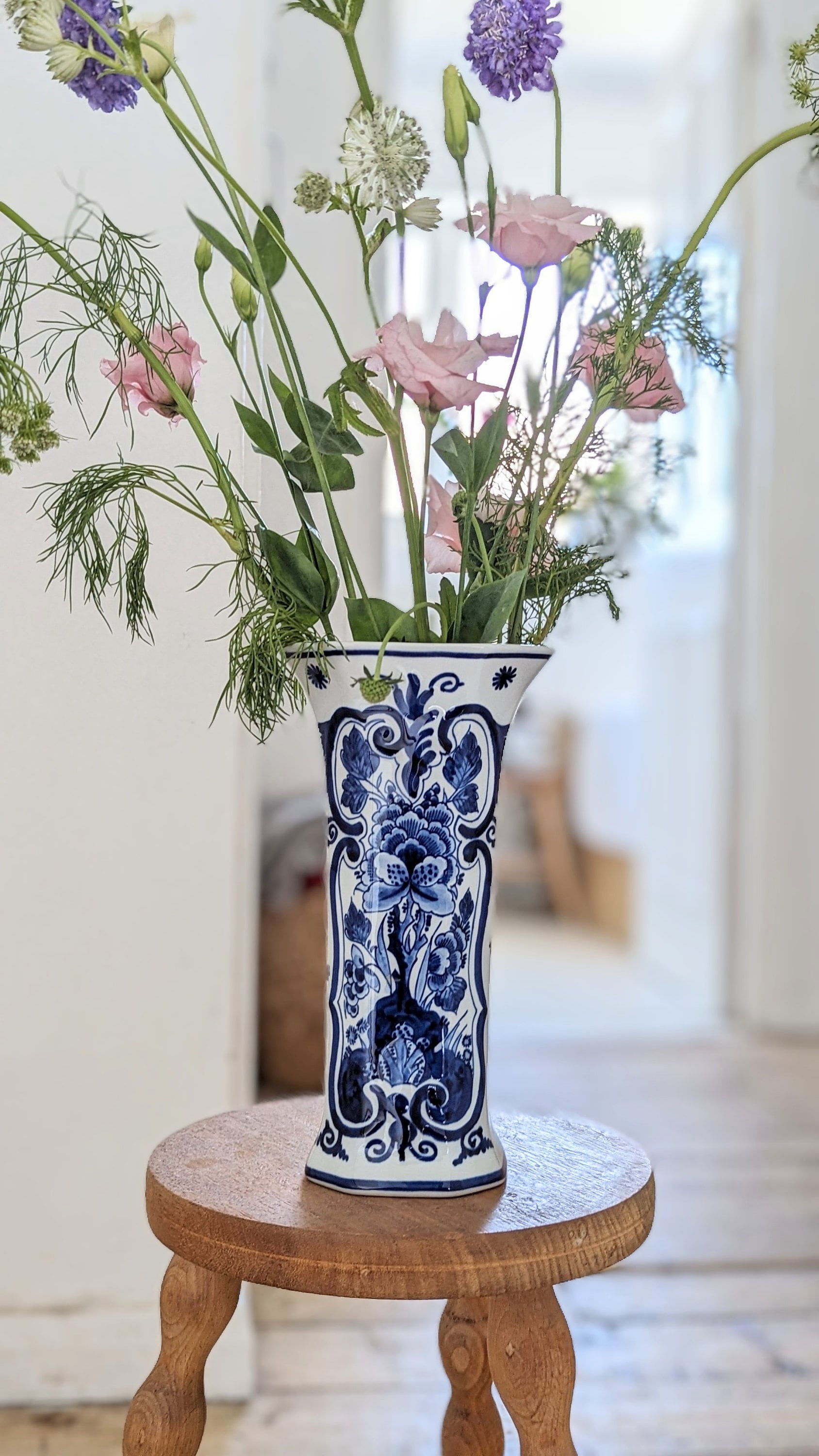 Vintage Delft Porceleyne Fles Octagonal Blue and White Tall Flower