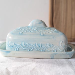 Handmade Rectangular Blue Swirl Butter Dish With Lid