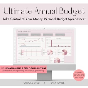 May include: A computer monitor displaying a pink and white annual budget spreadsheet. The screen shows charts and graphs for financial planning. Text on the screen reads "Ultimate Annual Budget" and "Take Control of Your Money: Personal Budget Spreadsheet."