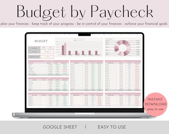May include: A laptop displays a budget template titled "Budget by Paycheck." The screen shows financial charts and tables with categories for income, expenses, and savings. The text on the screen includes "Google Sheet" and "Easy to Use."