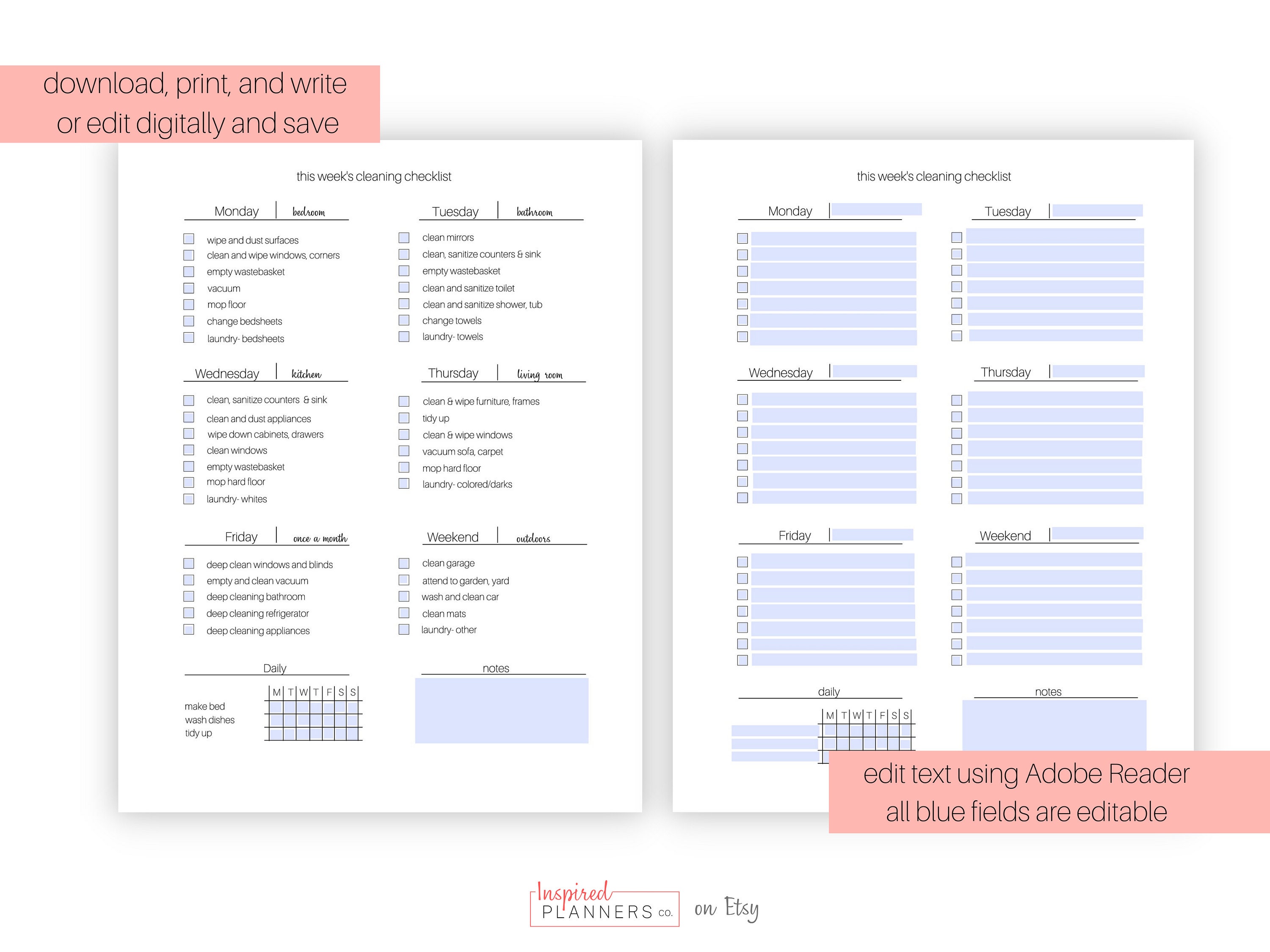 Weekly Cleaning Checklist Printable, Cleaning Checklist, ADHD Cleaning ...
