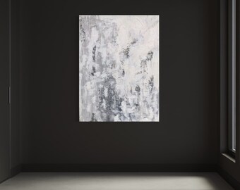 Heavy Textured Rustic Large Abstract Acrylic Painting on Canvas, Greys Whites Black, Living Room Art,