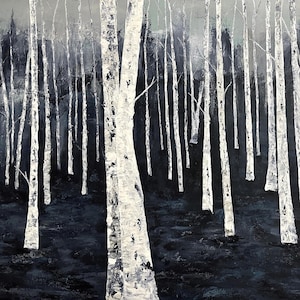 Birch Trees Abstract Forest Painting - Nature inspired - Navy White Grey Textured Large Wall Art - Original - Home Décor - Interior Design