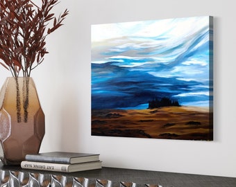 Sunset Country Road Landscape Abstract Acrylic Painting on Canvas, Blues Browns White, Wall Art, Living Room Art