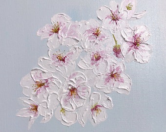Kersenbloesem schilderij, witte roze bloemen, botanisch, bloemen impasto schilderij op canvas, kunst aan de muur, huisdecoratie, babycadeau
