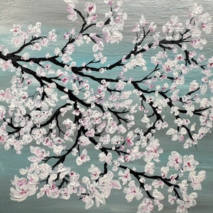 Japanese Cherry Blossom Painting - Sakura Wall Art - Pink Flower Art- Abstract Spring Home Décor - Pink White Grey Blue - Small Home Decor