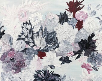 Dipinto botanico con fiori rosa navy su tela, floreale, soggiorno, sala da pranzo, arte murale testurizzata