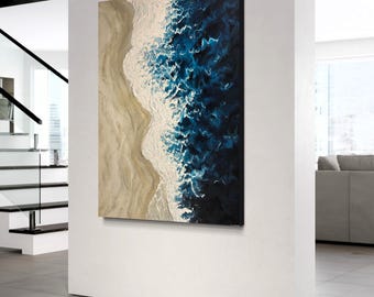 Ocean Wave Sandy Beach Water Ariel View Abstract Textured Acrylic Painting on Canvas -Blue Cream White- Original Textured Art - Home décor