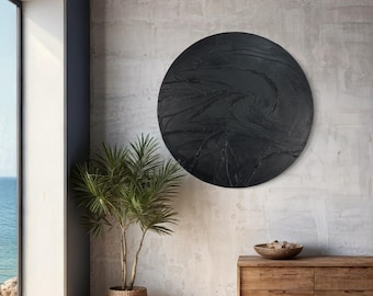 Round Black Textured Art - Wabi Sabi Japandi  Abstract painting - Large 3D Painting - Plaster Art- Industrial Minimalist Art, 3D Matte Black