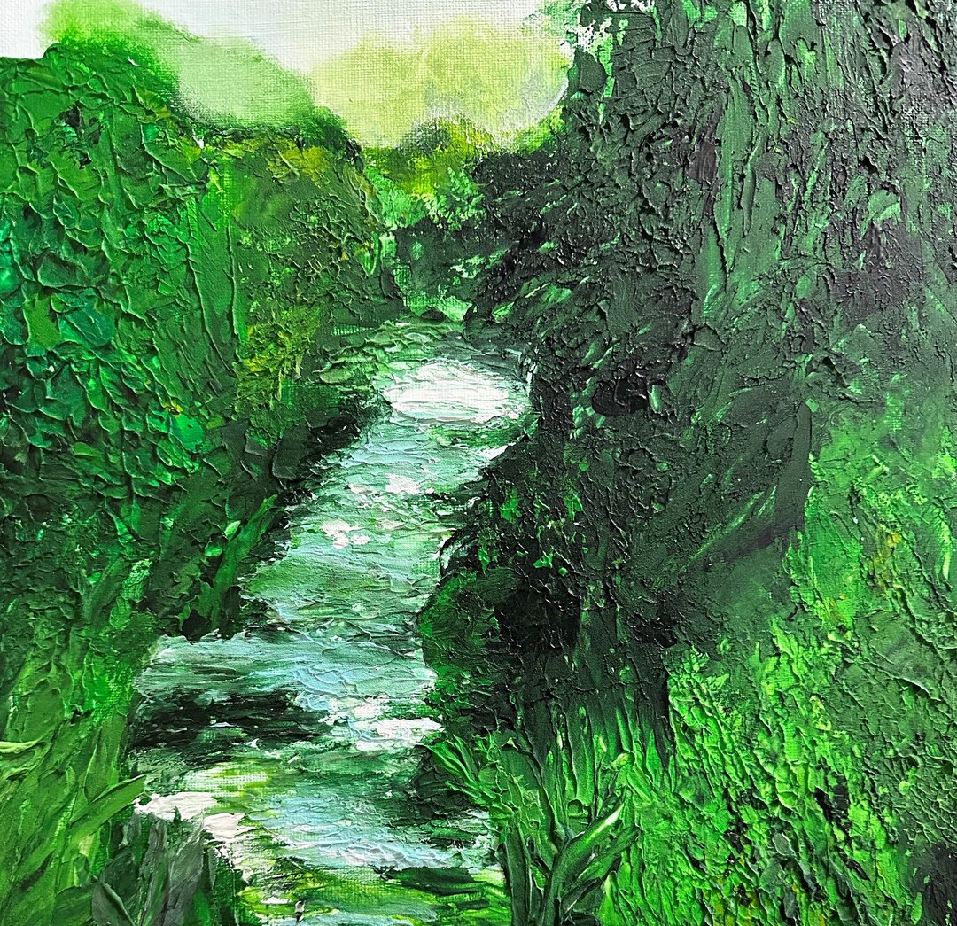 Green Abstract Country Landscape Painting on Canvas, Forest Stream Wall ...