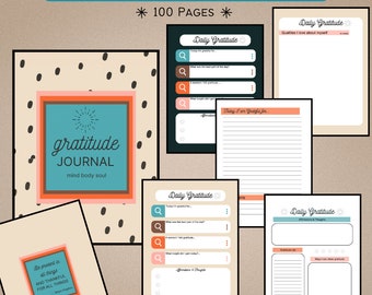 May include: A daily gratitude journal with a teal, orange, and white cover. The cover features the text "gratitude journal" and "mind body soul". The journal has 100 pages and includes prompts for daily gratitude, affirmations, and reflections.