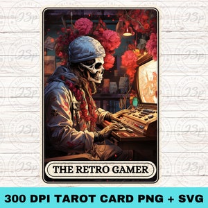 De retro gamer tarotkaart PNG SVG, skelet gaming sublimatie ontwerp voor mokken, T-shirts, kaarten, draagtassen, kunst aan de muur - direct downloaden