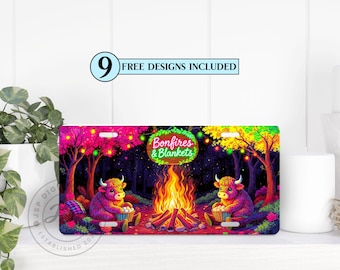 Highland Cow Fall License Plate PNG - Bonfire Camping Sublimation Design (Digital Download)