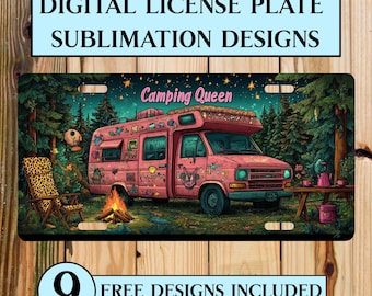 Camping Queen License Plate PNG: Camper Van Sublimation Design (Digital Download)