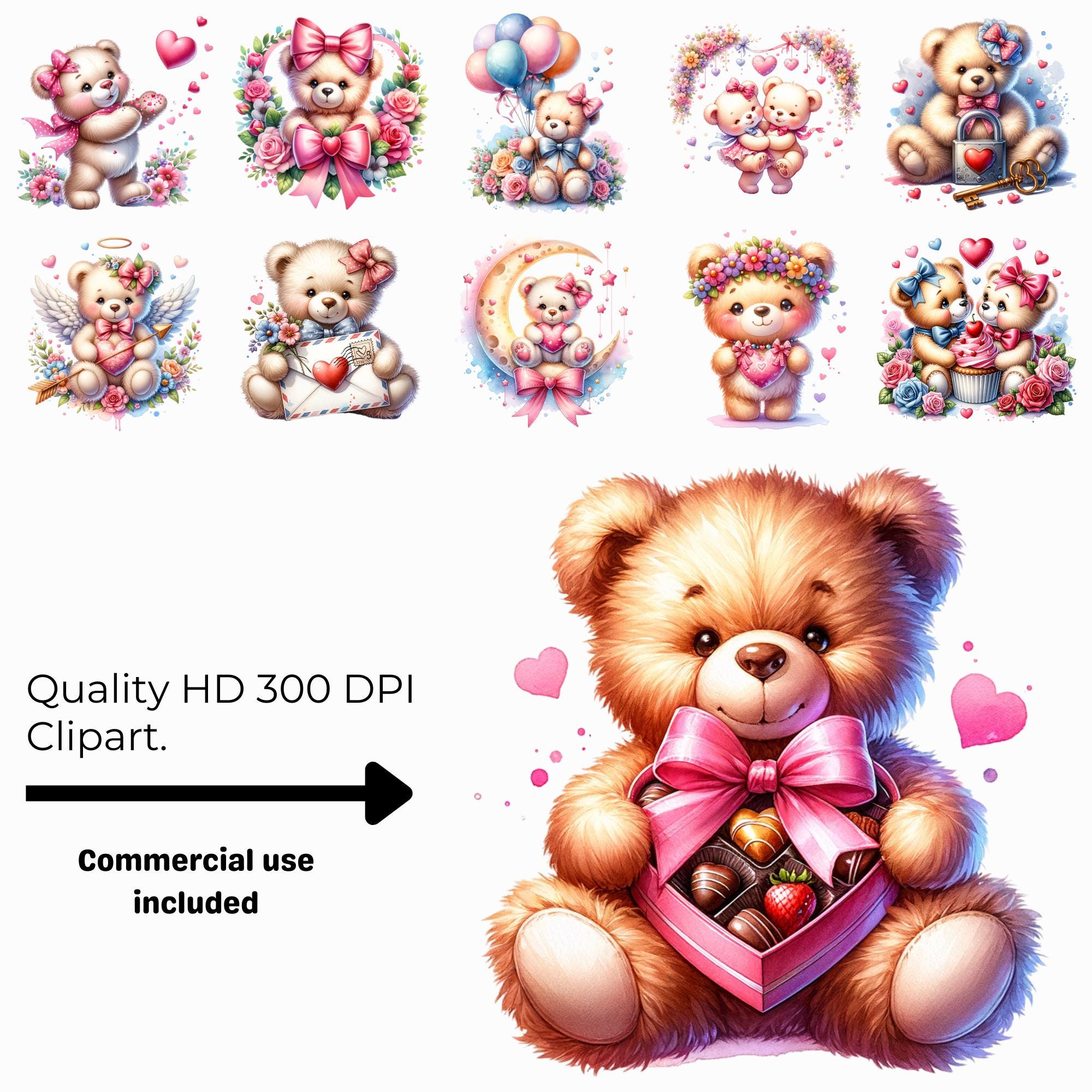 Valentines Day Teddy Bear Clipart PNG Bundle, Watercolor Pink Coquette ...