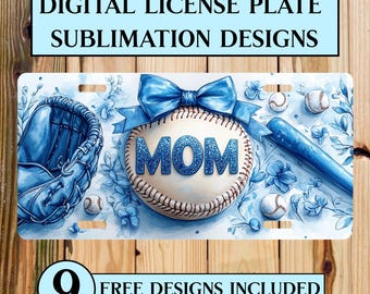 Baseball Mom License Plate PNG: Blue Coquette Bow Sublimation Design (Digital Download)