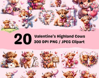 Valentine's Highland Cow Clipart: Pink Coquette Bow PNG Bundle (Digital Download)