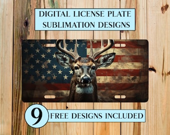Hirsch jagen amerikanische Flagge Nummernschild PNG: Sublimationsdesign (Digitaler Download)