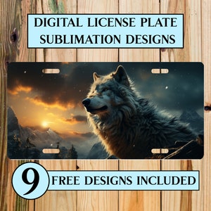 May include: A digital license plate sublimation design featuring a wolf howling at a sunset over a mountain range. The design is perfect for creating custom license plates.